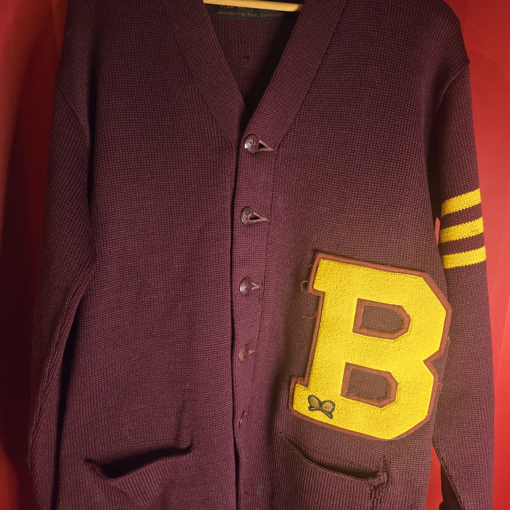 Vintage Maroon Cardigan with Yellow Letter B